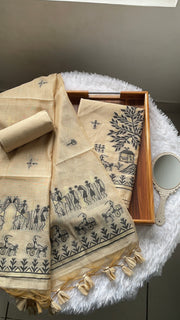 Chic Chronicles Beige Warli Muga Cotton Unstitched Suit Set